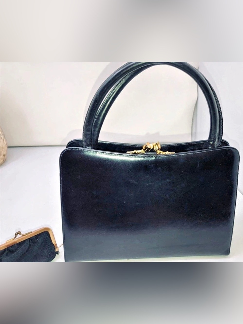 Vintage Black Structured Top Handle Bag with Kiss Lock and Attached Coin Purse